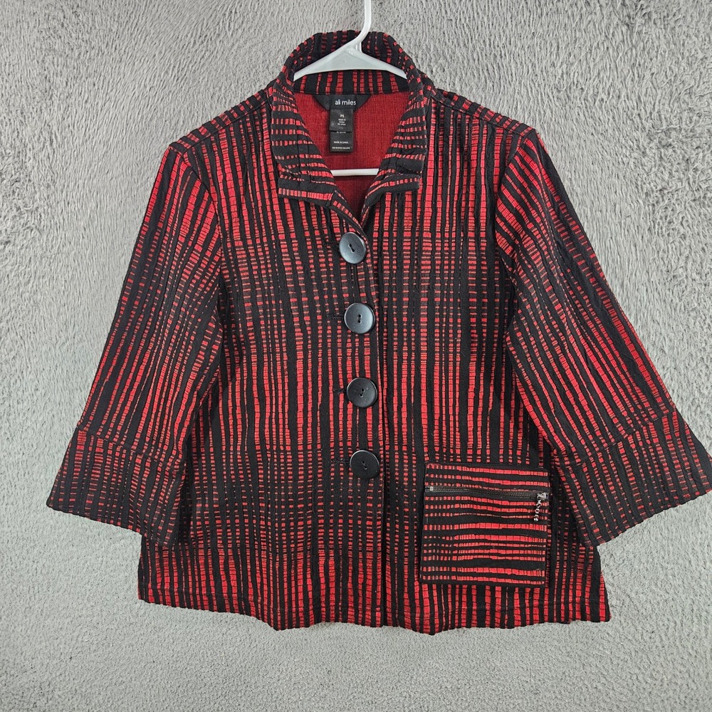 Ali Miles Womens PS Petite Red Black Stripe Button Front Jacket 3/4 Sleeve Coat